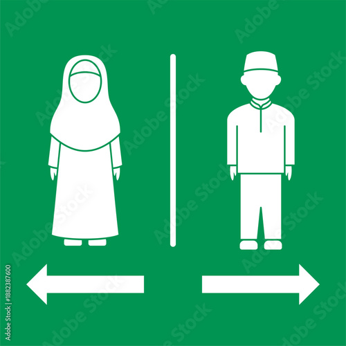 Islamic prayer room direction sign vector illustration showing gender-segregated icons of a woman in hijab and man in peci for mushola or mosque navigation on a green background.