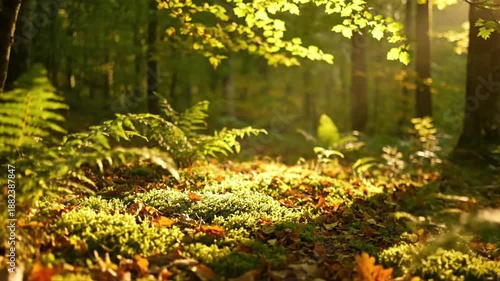 Woodland Ecosystem Details Close-up perspective on the moss, ferns, fallen leaves, and tree roots, emphasizing the vibrant green and earthy tones under filtered sunlight.