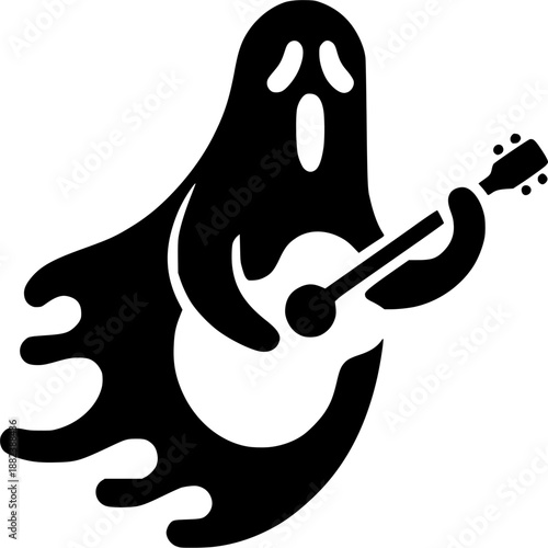 Melody from Beyond: A whimsical ghost silhouette strumming an acoustic guitar, blending the spooky with the melodic. 