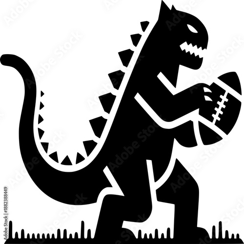Dino-Football Play: A fierce dinosaur, muscles flexed, clutches an american football, poised on a grassy field, ready for the winning touchdown.