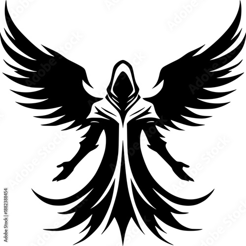 Guardian Angel's Embrace: A powerful monochrome depiction of an angel with outstretched wings, embodying strength and protection.