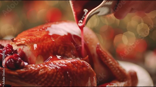 A bright cranberry sauce pours from a gravy boat over a roasted turkey. A festive Christmas or Thanksgiving dinner with mouth-watering details.