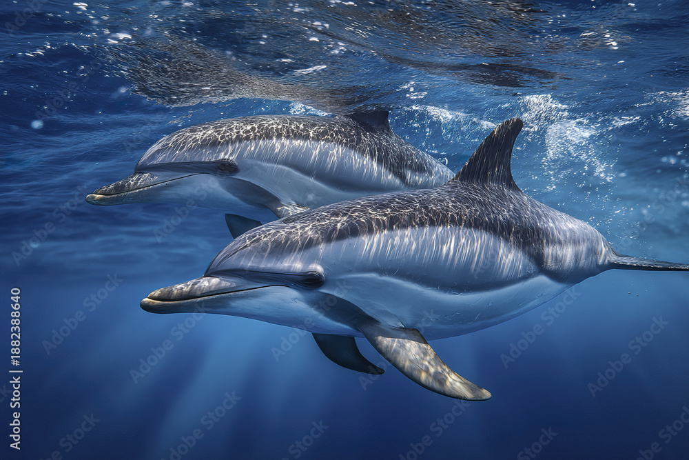 Naklejka premium Two dolphins swimming underwater in ocean with sunlight reflecting on their bodies, creating peaceful and natural marine scene full of life and motion