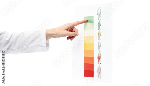 Minimalistic clinic photo showcasing a closeup of a healthcare professional pointing at a lower limb claudication severity scale chart highlighting pain levels in different colors