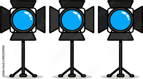 Three identical cartoon stand spotlights with bright blue lenses open barn doors flat line art