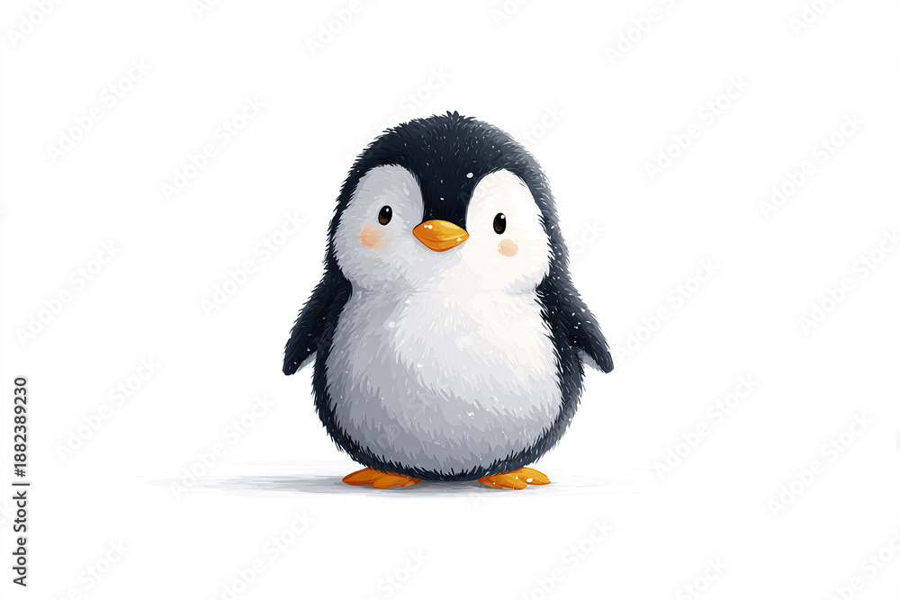 Naklejka premium Cute penguin cartoon with soft rounded shape and fluffy feathers, featuring bright orange beak and feet, standing on white background with gentle and friendly expression