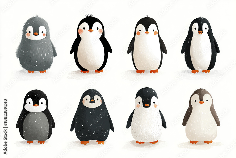 Fototapeta premium Cute penguin cartoon clipart set with rounded body design, simple facial features, and soft colors, showing various adorable poses and expressions in playful style