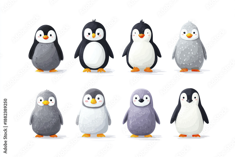 Obraz premium Cute penguin cartoon clipart set with rounded body design, simple facial features, and various colors, perfect for playful and cheerful winter or animal themed projects