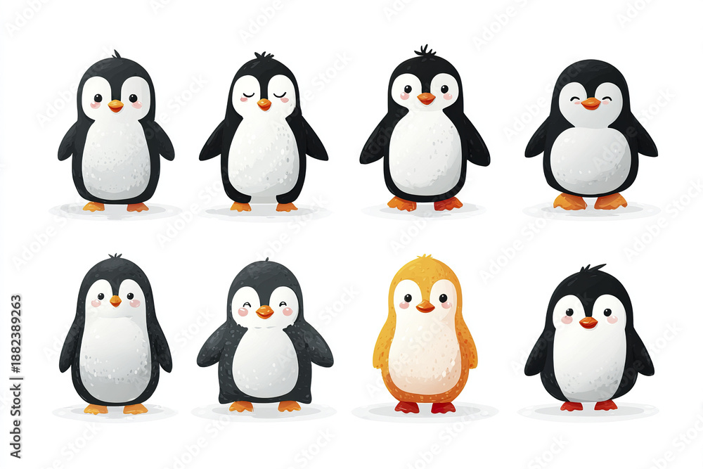 Fototapeta premium Cute penguin cartoon clipart set with rounded body design and simple facial expressions, featuring black and white and one yellow penguin, playful and charming characters
