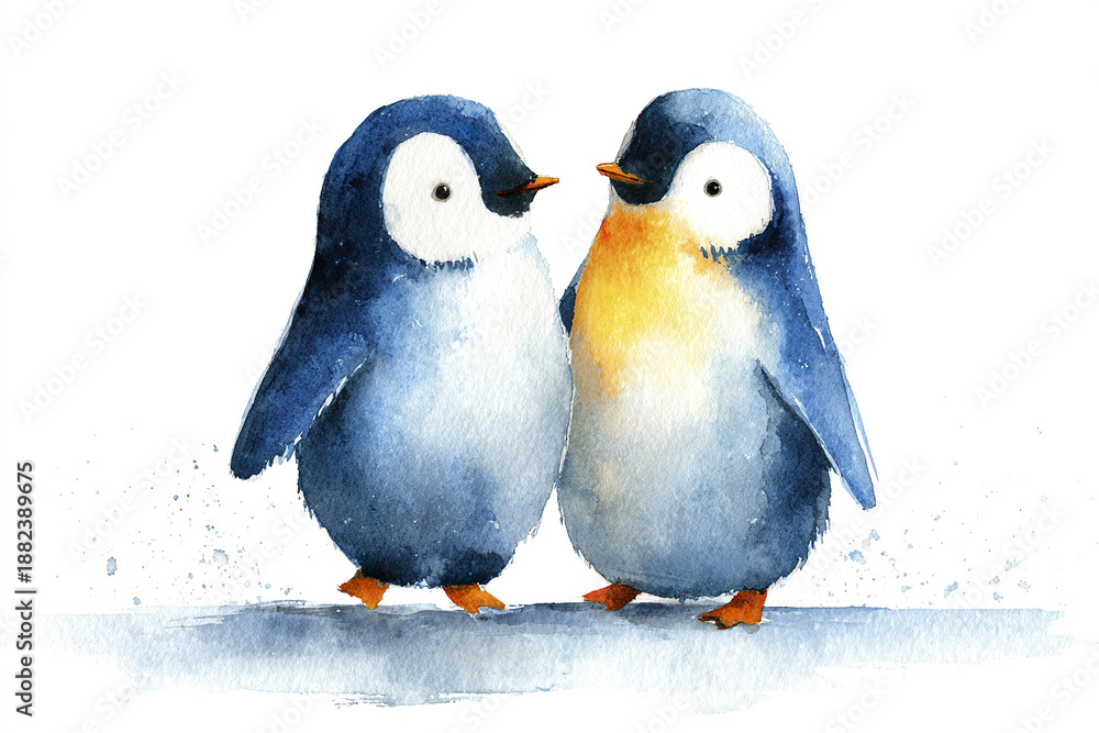 Fototapeta premium Two adorable penguin couple illustration in watercolor style with gentle expression, soft blue and orange hues, standing close on white background, evoking warmth and charm