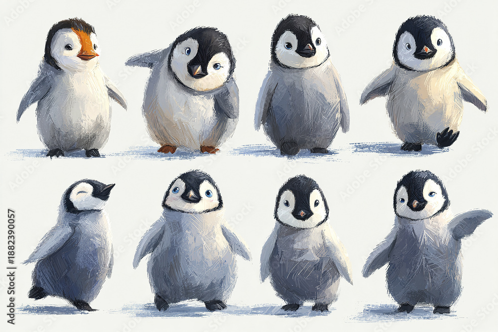 Obraz premium Cute baby penguin illustration set with various poses and expressions, showing playful and curious emotions in soft, painterly style on light background