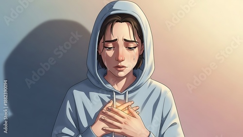 Wallpaper Mural Emotional Young Person in Hoodie Holding Chest, Introspective Moment, Indoor Soft Lighting, Close-Up View, Digital Illustration Torontodigital.ca