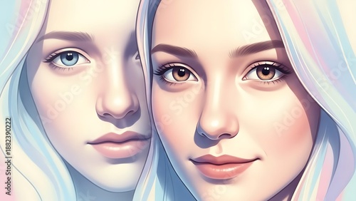 Wallpaper Mural Digital Portraits of Two Women with Soft Pastel Hair and Realistic Facial Features in Artistic Illustration View Torontodigital.ca