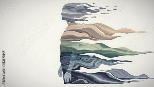 Wallpaper Mural Abstract human silhouette with flowing layered waves, digital illustration, conceptual art, neutral background, side view, creative expression Torontodigital.ca
