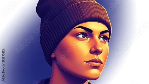 Wallpaper Mural Portrait of a Young Person Wearing a Beanie Hat with Intense Gaze in Digital Illustration Style Torontodigital.ca