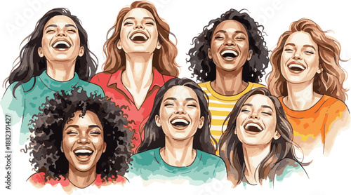 Diverse group of women singing in harmony isolated on black background