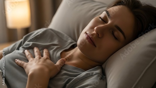 Wallpaper Mural Restful woman sleeping peacefully on bed in cozy bedroom environment, lifestyle portrait showcasing serene relaxation and calm nighttime repose Torontodigital.ca