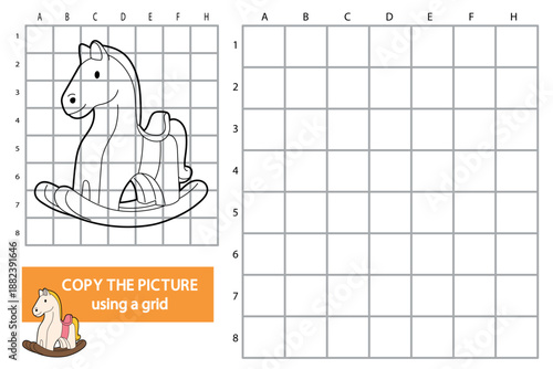 Kids worksheet with a cute rocking horse character. Copy the picture using a grid activity for children. Black and white line art with empty grid for drawing practice, learning, education and fine mot