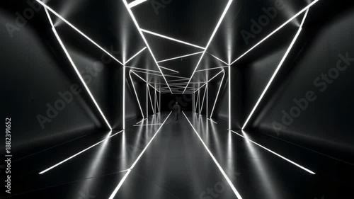 A futuristic neon light corridor with abstract geometric patterns and a sense of depth and perspective