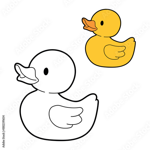 Cute duck vector illustration and outline colouring page. Simple cartoon duckling with clean lines and flat colour version. Perfect for children colouring books, nursery designs, education and kids ac