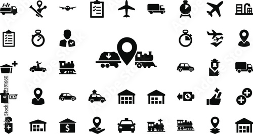 Black and white logistics transportation on white background symbols