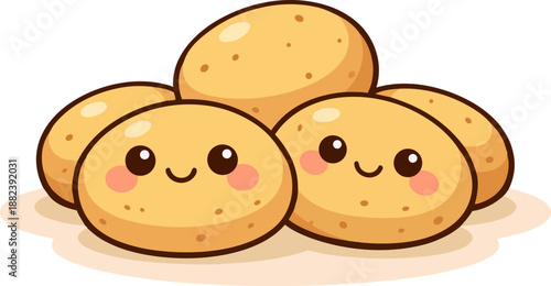 Cute kawaii illustration of smiling potatoes in cartoon style. This vegetable character represents farm produce, healthy food, and everyday cooking ingredients.