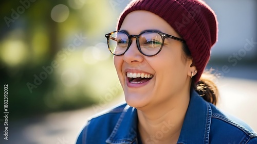 Wallpaper Mural Smiling young woman wearing glasses and a red beanie laughing outdoors in natural light with a close-up portrait perspective Torontodigital.ca