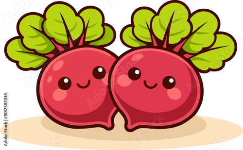 Cute kawaii illustration of smiling beets in cartoon style. This friendly vegetable character represents healthy eating, farm vegetables, and natural food products.