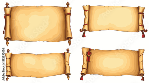 Four aged parchment scrolls with red wax seals and tassels arranged on white background