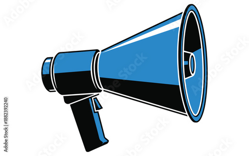 Blue and black megaphone with white outline on white background loudspeaker