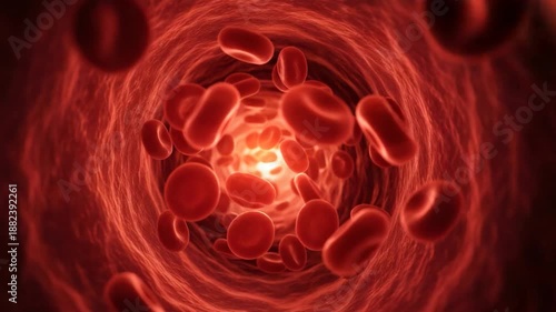 Blood cells flowing through a vessel. The image depicts red blood cells traveling through a vein