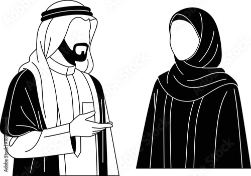 Arab man and woman conversation silhouette illustration, traditional Middle Eastern clothing, Islamic culture communication concept, black and white vector isolated on white background