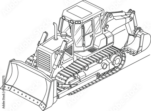Bulldozer with arm and bucket on tracks excavator construction heavy machinery