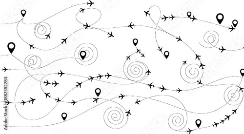 Abstract airplane flight path illustration with travel routes, location pins and navigation lines, aviation journey concept, global travel planning and tourism 