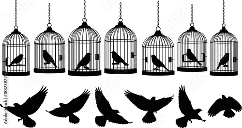 Black and white birdcage and flying bird silhouettes set, vintage cages, freedom concept, minimalist vector illustration isolated on white background decorative animal design