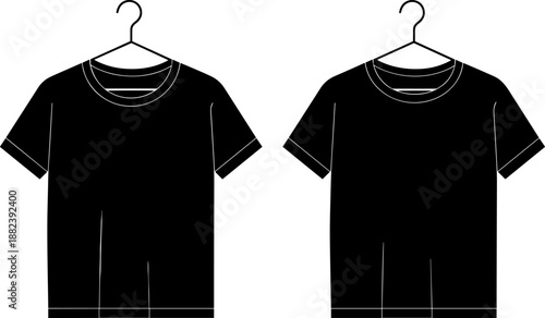Black t-shirt mockup vector illustration set on hanger isolated on white background, blank apparel template for fashion design, clothing branding, print and merchandising use