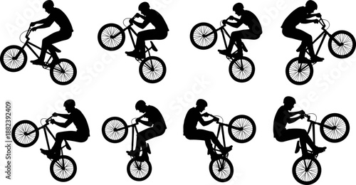 BMX bike stunt silhouette collection featuring freestyle cycling tricks, extreme sports action poses, black and white vector illustration isolated background