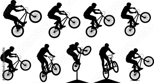 BMX bike stunt silhouette set showing extreme cycling tricks and freestyle action poses, urban street sport concept, black and white vector illustration isolated on white background