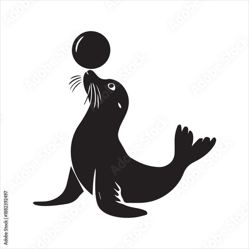 Seal Balancing Ball Silhouette Icon – Minimal Circus Animal Vector Illustration