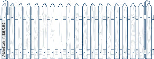 Wooden picket fence with pointed tops and horizontal rails wooden fence blue outline
