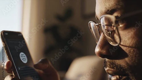 Man engaging with smartphone screen, scrolling through digital content while seated in a cozy environment, showcasing detailed facial expressions and hand movements during interaction