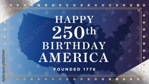 Festive banner celebrating America's 250th birthday and semiquincentennial with Happy 250th Birthday America text, US map, and stars on blue