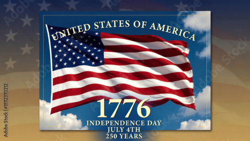 Patriotic poster for the USA 250th Anniversary featuring a waving American flag against a blue sky with clouds, celebrating Independence Day, July 4th, 1776–2026