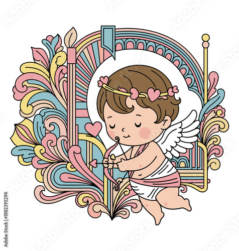 Cupid's Artistic Flight: A whimsical depiction of Cupid, the cherubic symbol of love, poised with his bow and arrow amidst a colorful, artistic frame.