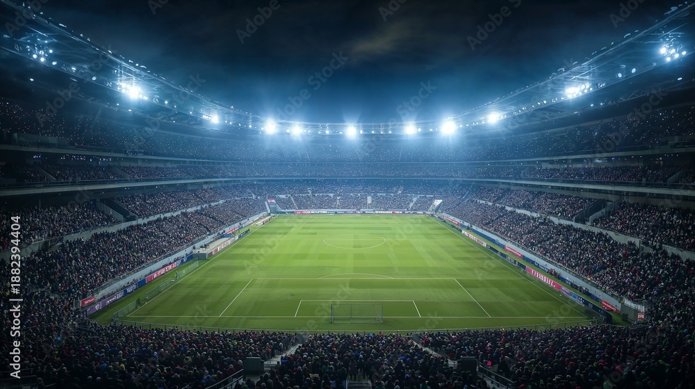 Fototapeta premium Modern soccer stadium at night with bright floodlights illuminating the green pitch and a large crowd of spectators during a major sports event.