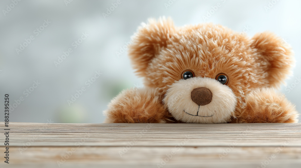 Obraz premium A cute, fluffy teddy bear peeks over a wooden surface, exuding warmth and friendliness with its big eyes and soft fur, perfect for a cozy atmosphere.