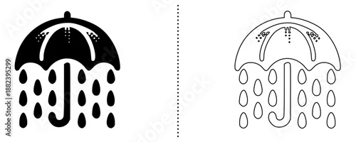 Umbrella with rain drops icon representing protection, rainy weather concept and insurance coverage safety symbol in solid and outline vector style isolated on white background