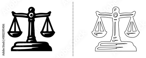 Scales of justice icon symbolizing law, fairness and legal balance, equality and judgment concept vector illustration for courts and legal service, solid and outline style isolated on white background