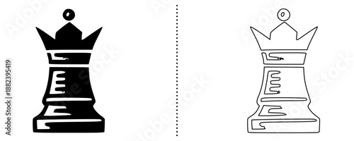 Chess queen piece icon symbolizing power, leadership and strategic control, royal board game vector illustration for intelligence and success concept, solid and outline style isolated on white bg