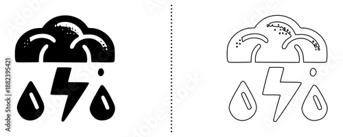 Thunderstorm cloud icon with rain drops and lightning bolt symbolizing severe weather alert and storm forecast, climate and meteorology concept vector, solid and outline style isolated on white bg